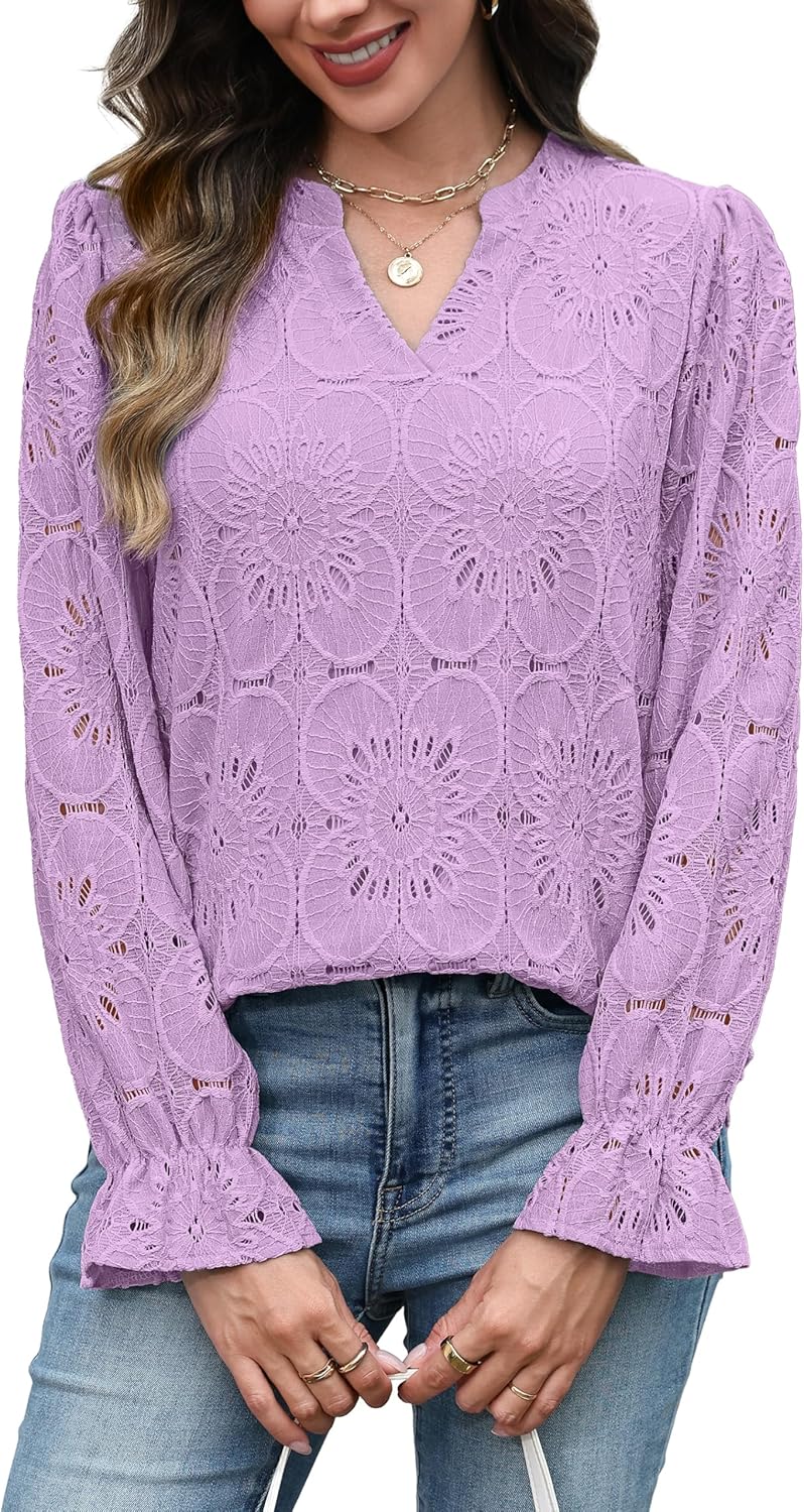 RUMIA Womens Blouses V Neck Eyelet Lace Tops with Lining Dressy Sheer Long Sleeve Shirts Embroidered Blouses 2025 Fashion