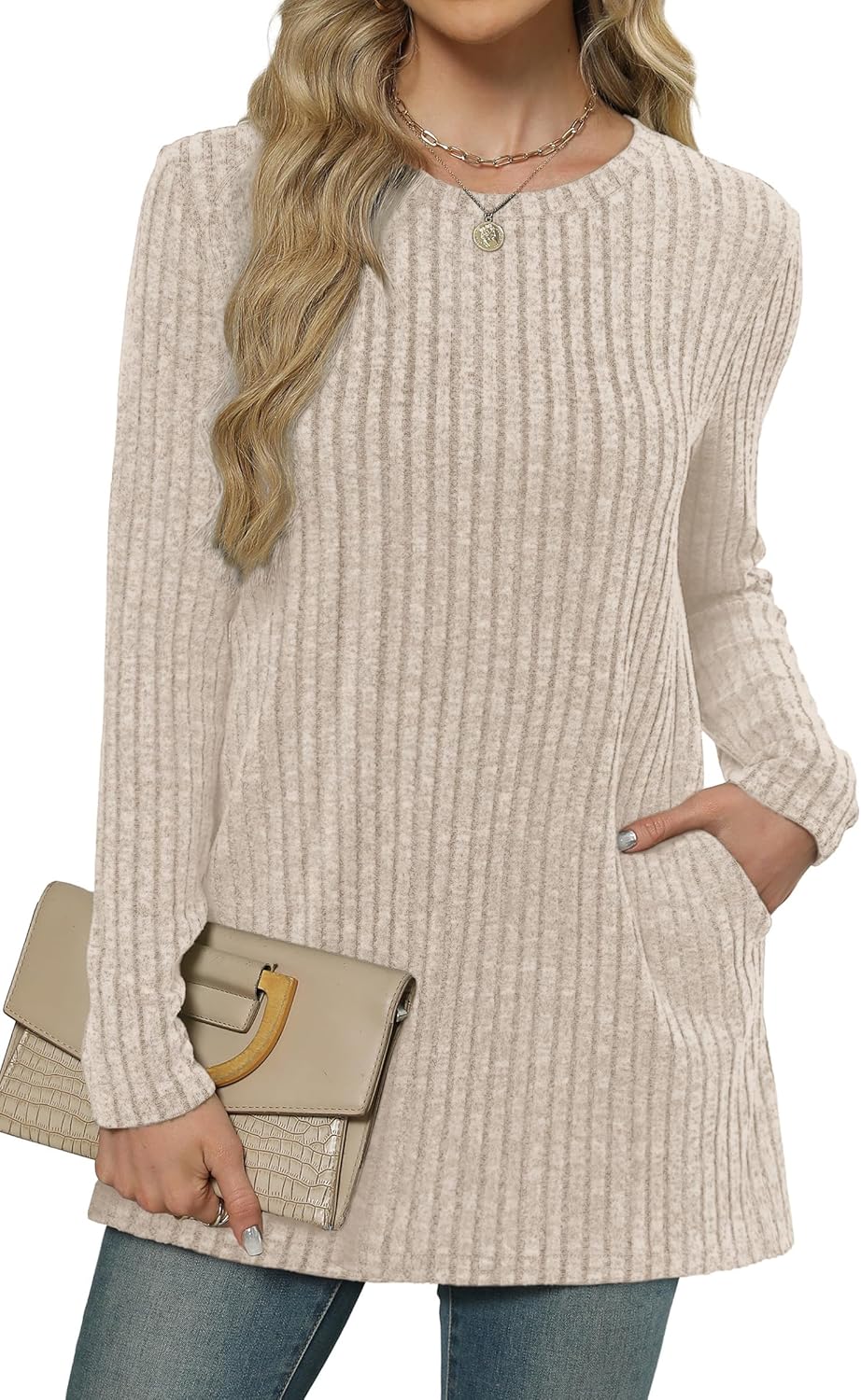 XIEERDUO Long Sleeve Shirts for Women Crewneck Tunic Tops Loose Fit Dressy Womens Sweaters with Pockets Fall Fashion 2025