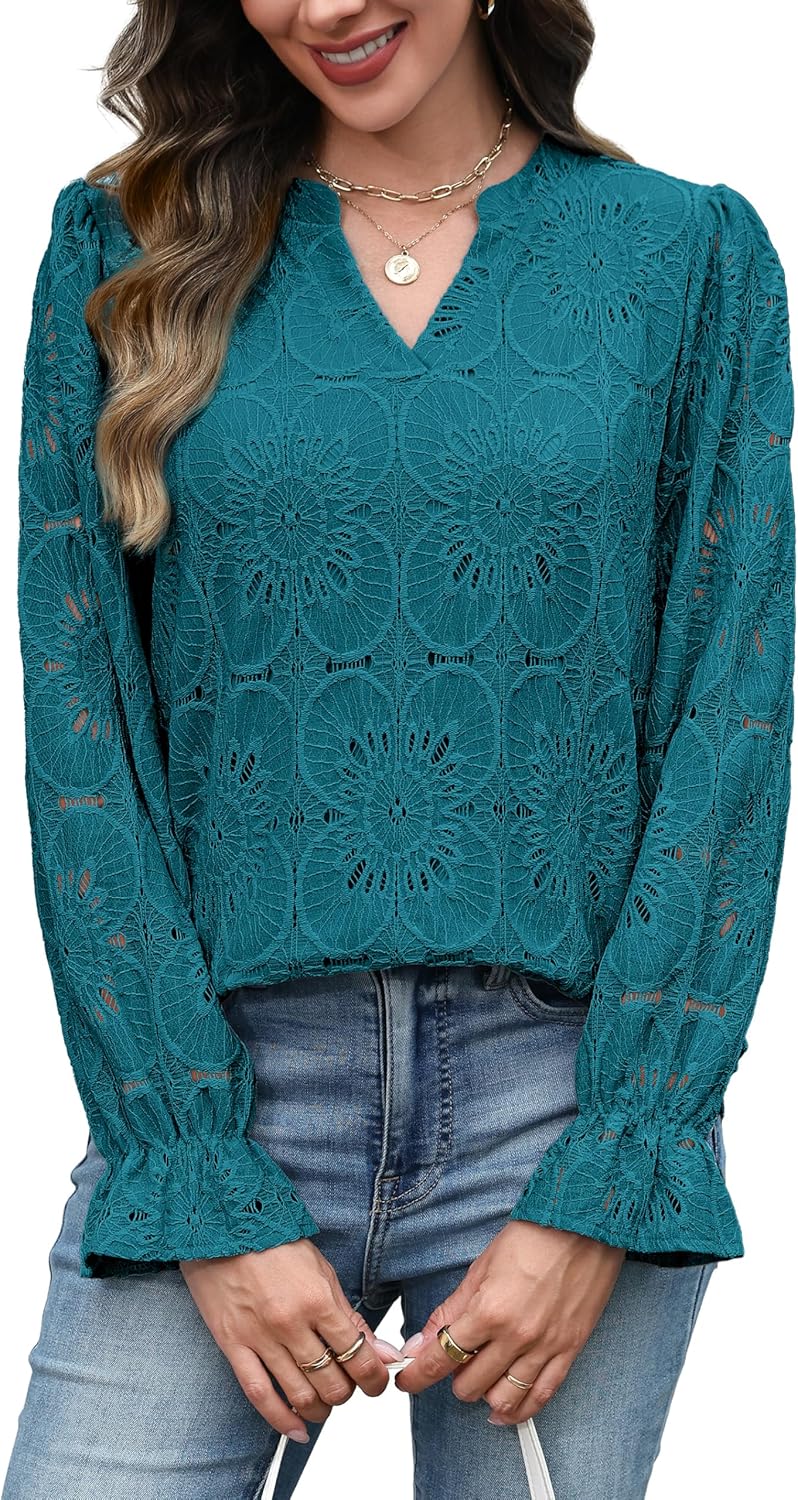RUMIA Womens Blouses V Neck Eyelet Lace Tops with Lining Dressy Sheer Long Sleeve Shirts Embroidered Blouses 2025 Fashion