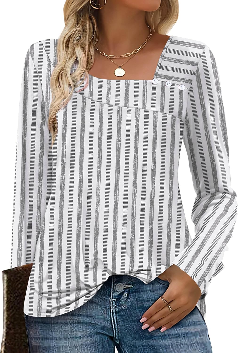 OFEEFAN Long Sleeve Shirts for Women Fall Clothes Asymmetric Square Neck Tunic Tops Decorative Buttons
