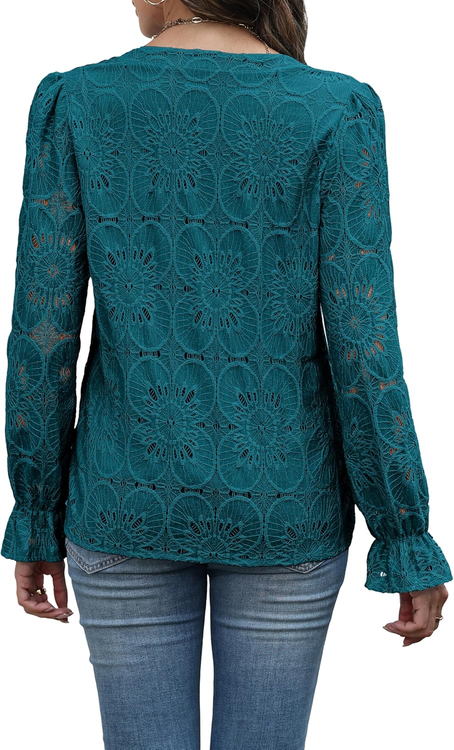 RUMIA Womens Blouses V Neck Eyelet Lace Tops with Lining Dressy Sheer Long Sleeve Shirts Embroidered Blouses 2025 Fashion