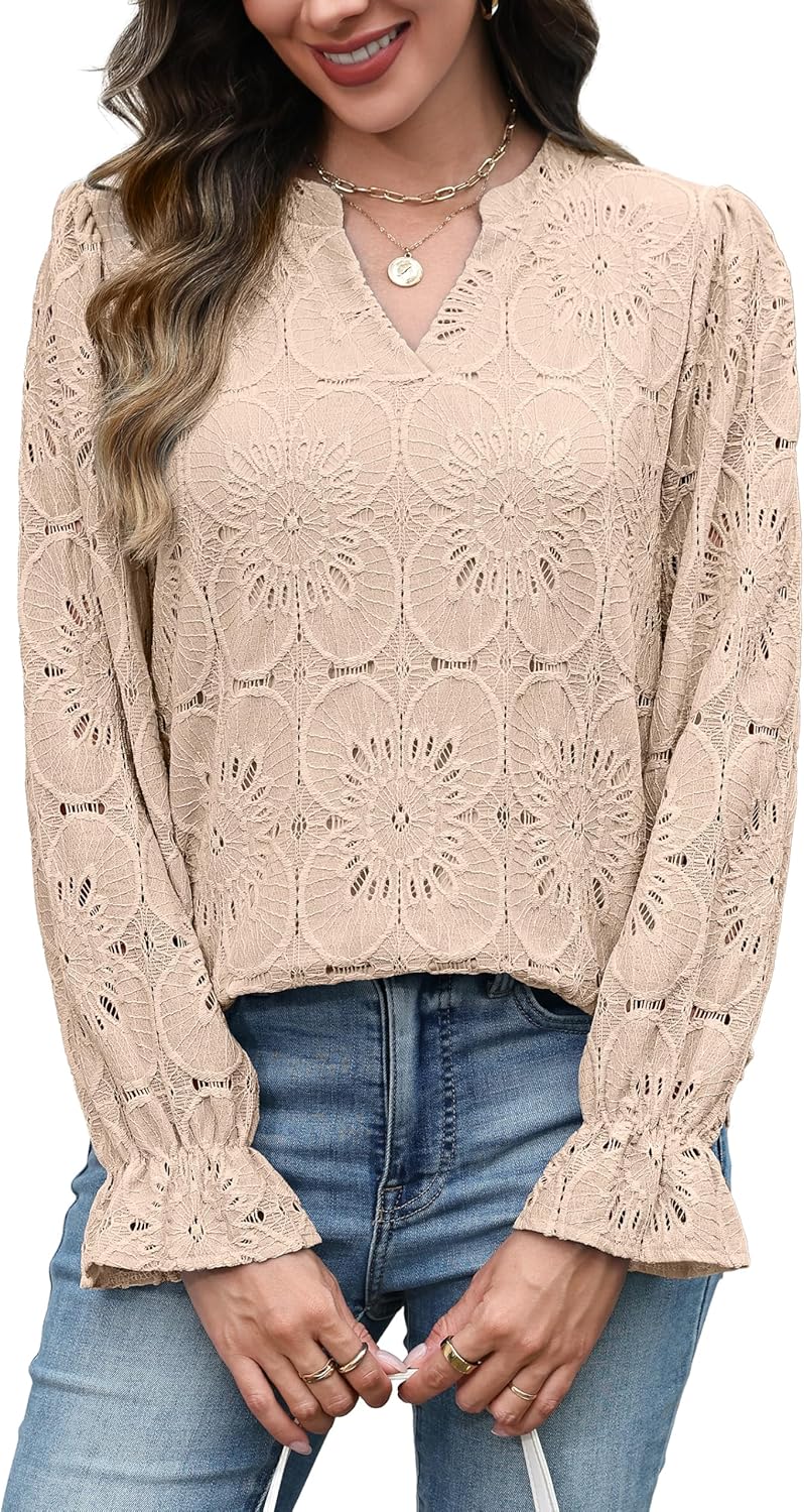 RUMIA Womens Blouses V Neck Eyelet Lace Tops with Lining Dressy Sheer Long Sleeve Shirts Embroidered Blouses 2025 Fashion