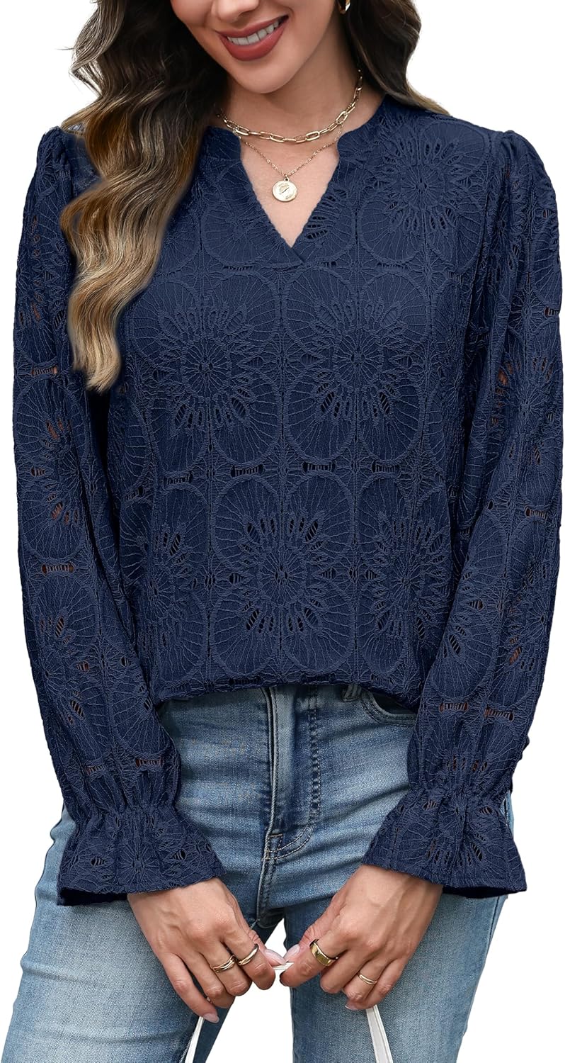 RUMIA Womens Blouses V Neck Eyelet Lace Tops with Lining Dressy Sheer Long Sleeve Shirts Embroidered Blouses 2025 Fashion