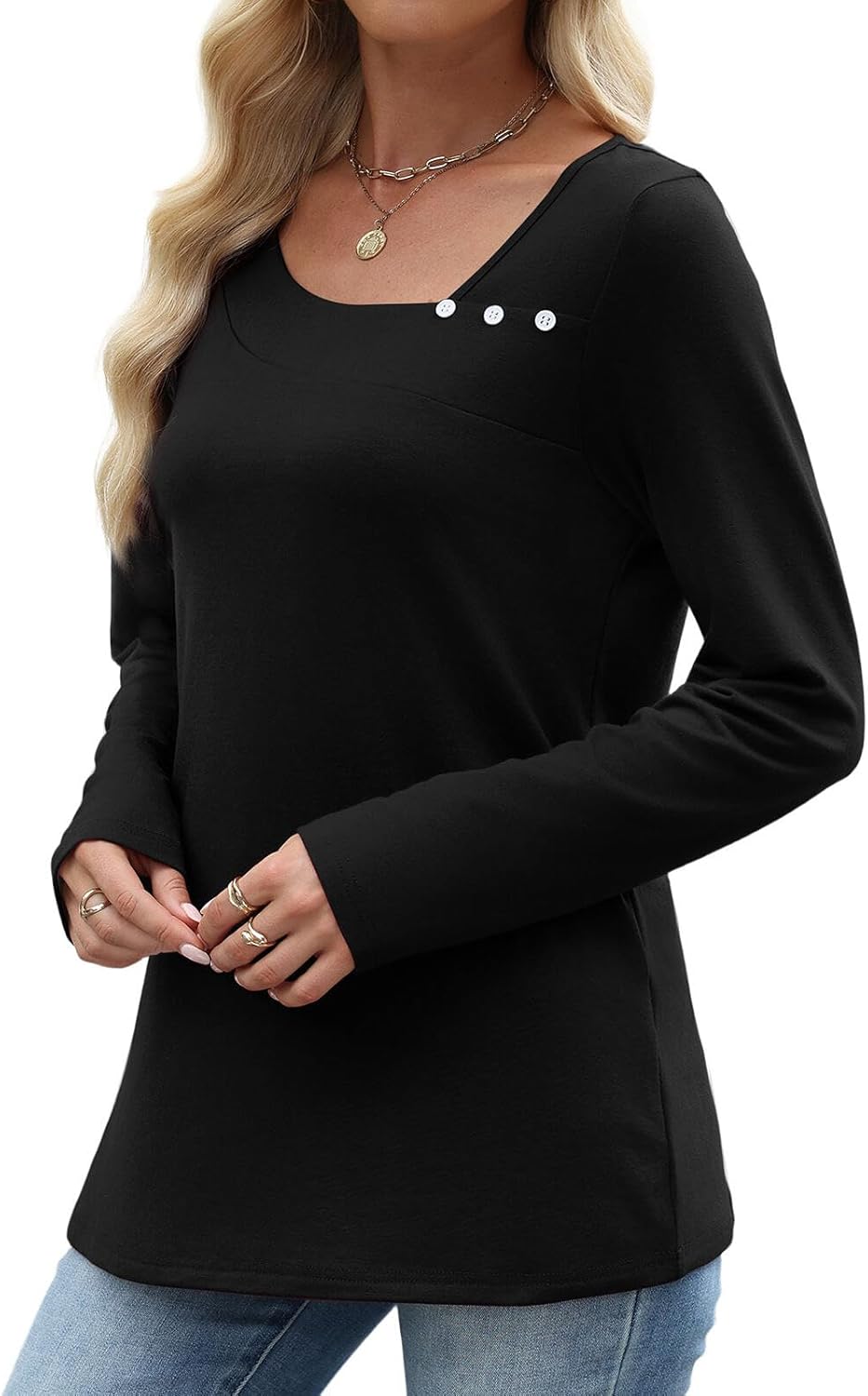 OFEEFAN Long Sleeve Shirts for Women Fall Clothes Asymmetric Square Neck Tunic Tops Decorative Buttons