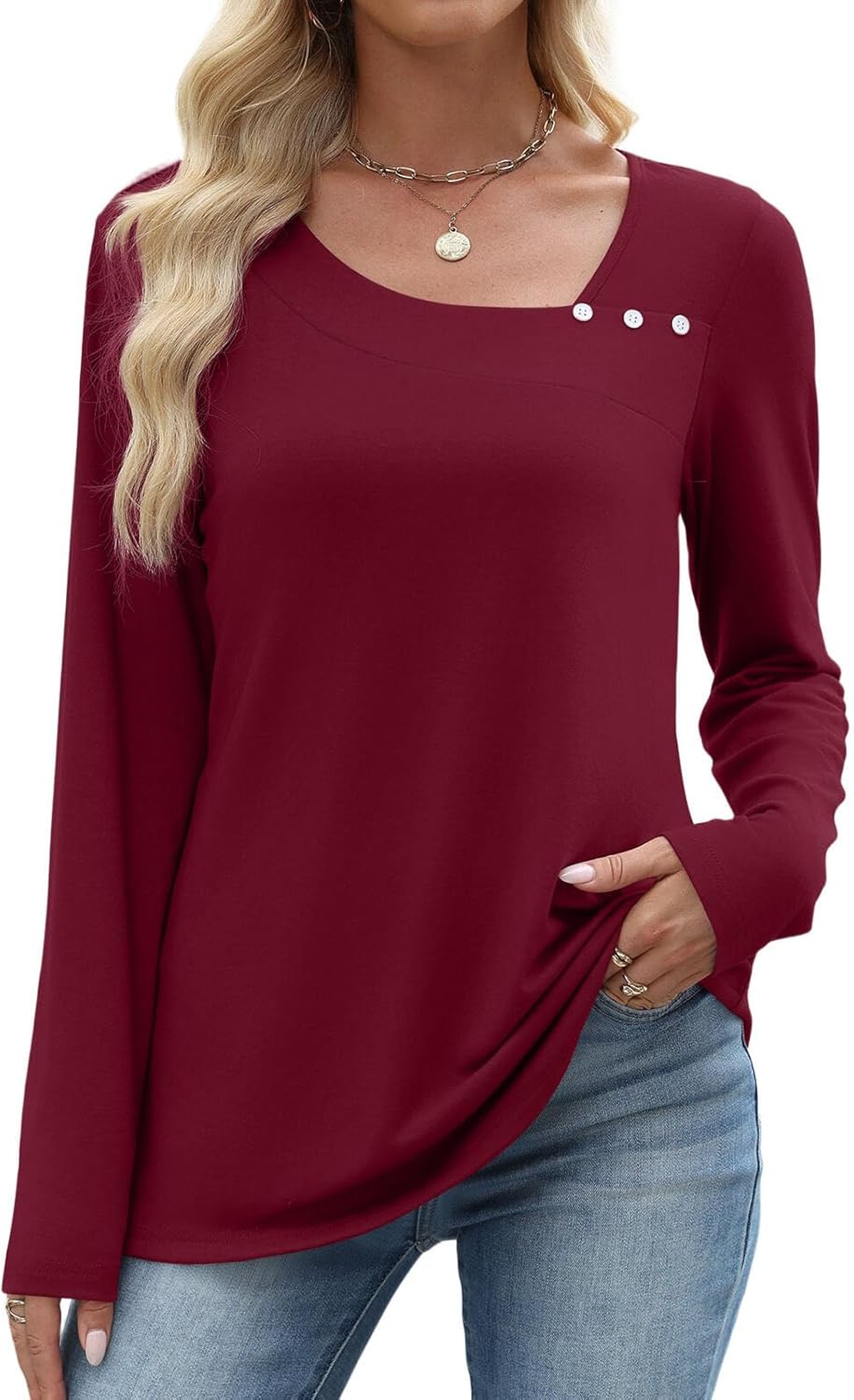 OFEEFAN Long Sleeve Shirts for Women Fall Clothes Asymmetric Square Neck Tunic Tops Decorative Buttons