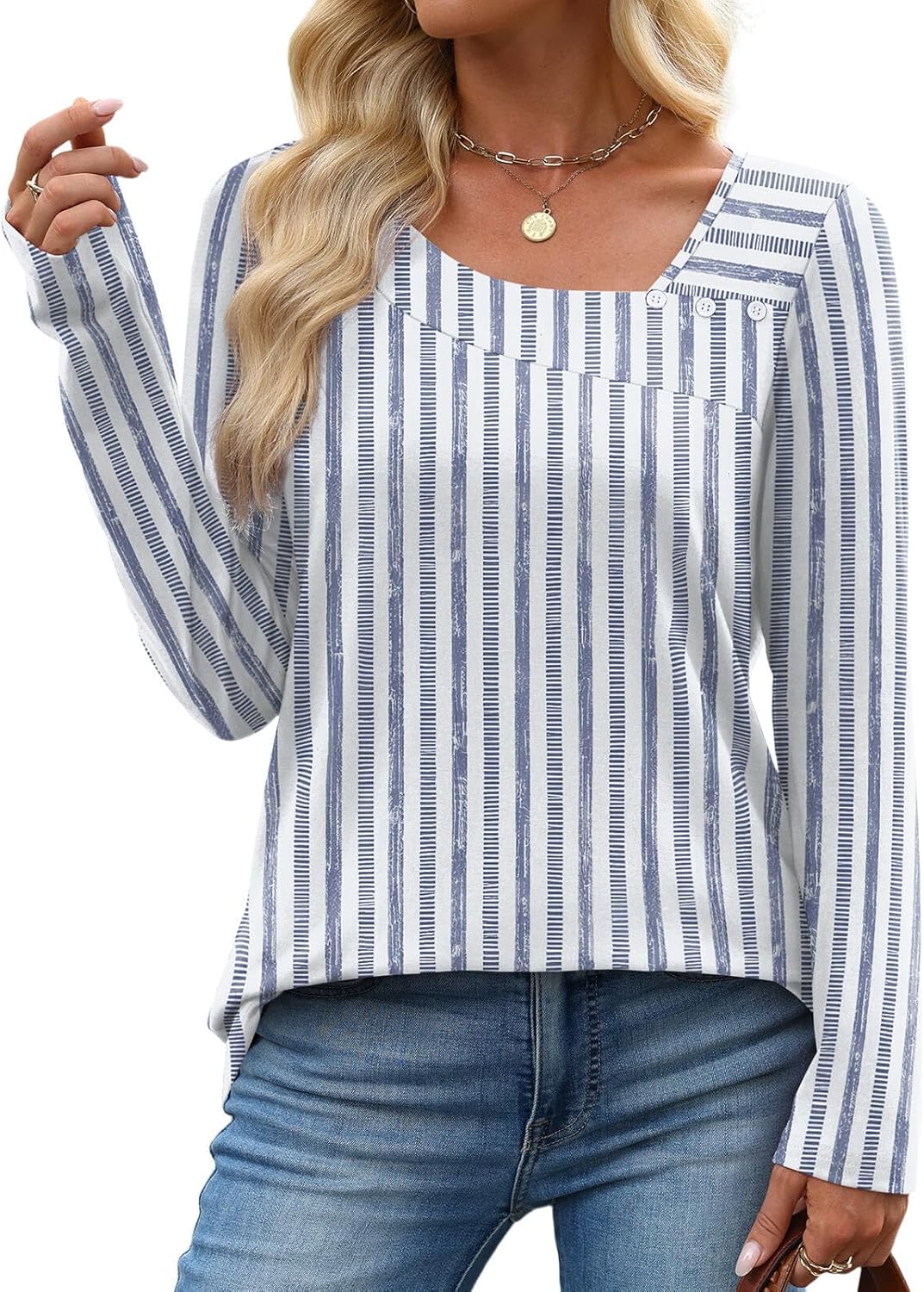 OFEEFAN Long Sleeve Shirts for Women Fall Clothes Asymmetric Square Neck Tunic Tops Decorative Buttons