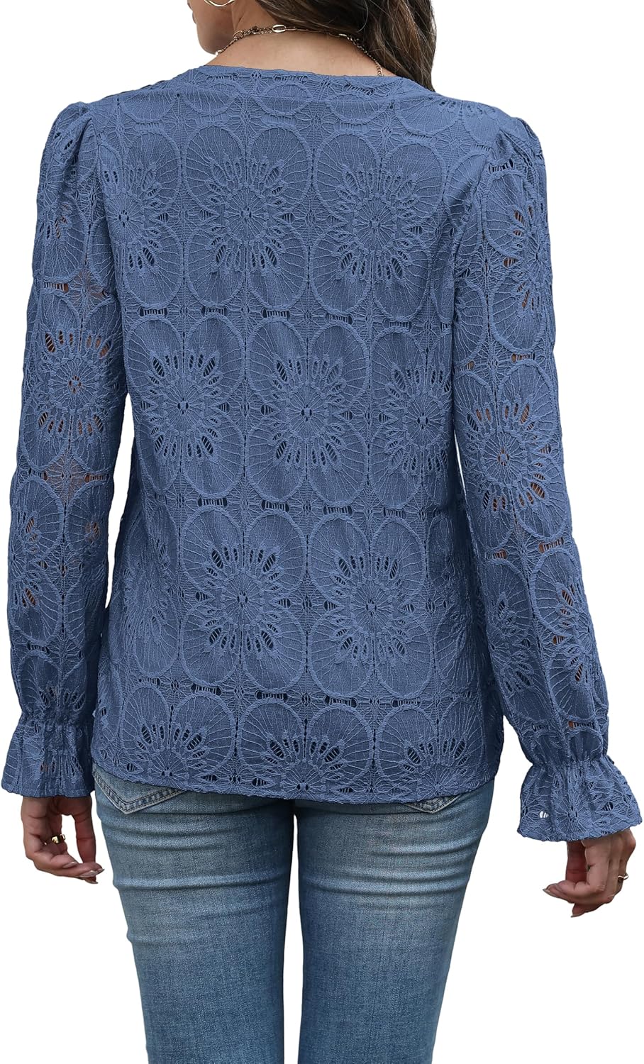 RUMIA Womens Blouses V Neck Eyelet Lace Tops with Lining Dressy Sheer Long Sleeve Shirts Embroidered Blouses 2025 Fashion