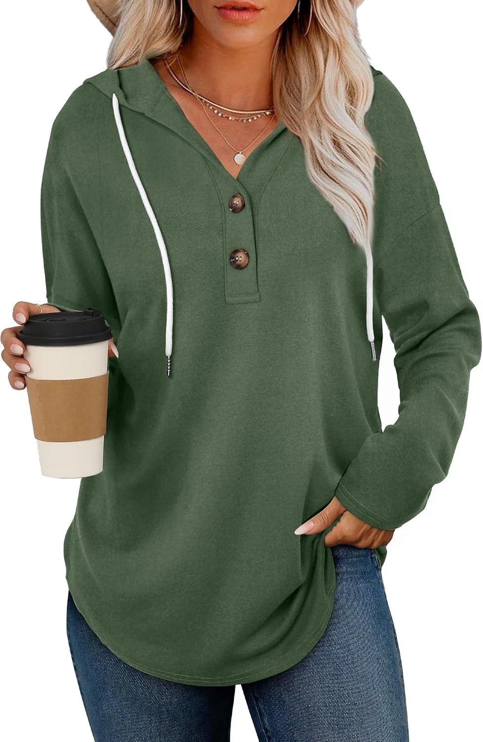 RUMIA Womens Tops V Neck Button Sweatshirt for Women Pullover Long Sleeve Shirts Fall Outfits 2025 Loose Fit S-3XL