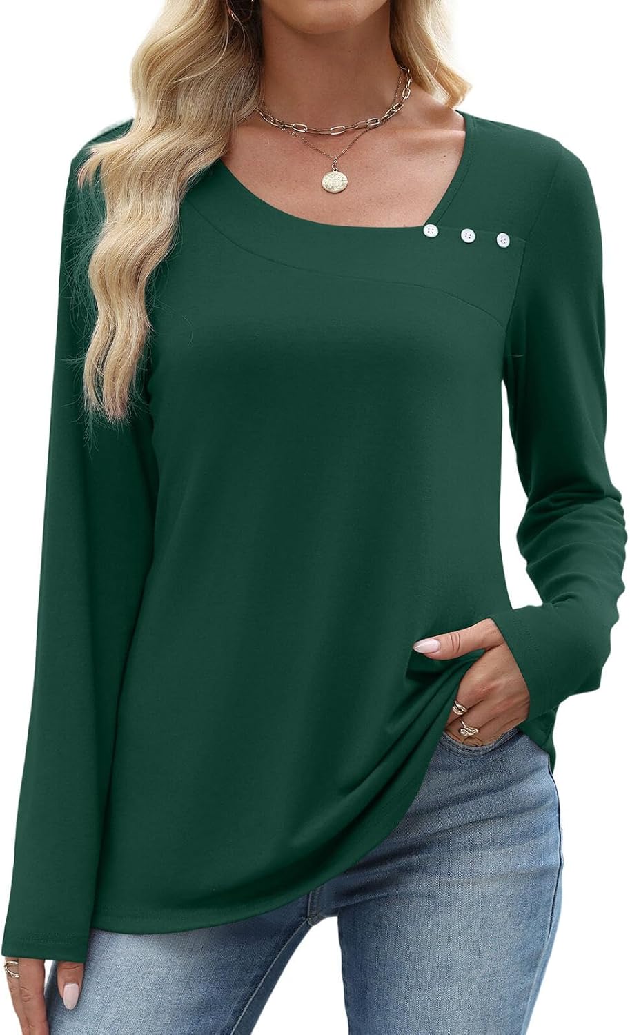 OFEEFAN Long Sleeve Shirts for Women Fall Clothes Asymmetric Square Neck Tunic Tops Decorative Buttons