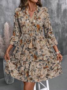 EMERY ROSE Women's Floral Print Cutout V-Neck Ruffled Hem Long Sleeve Mini Dress,Summer Dresses For Women