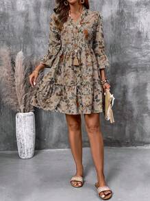 EMERY ROSE Women's Floral Print Cutout V-Neck Ruffled Hem Long Sleeve Mini Dress,Summer Dresses For Women