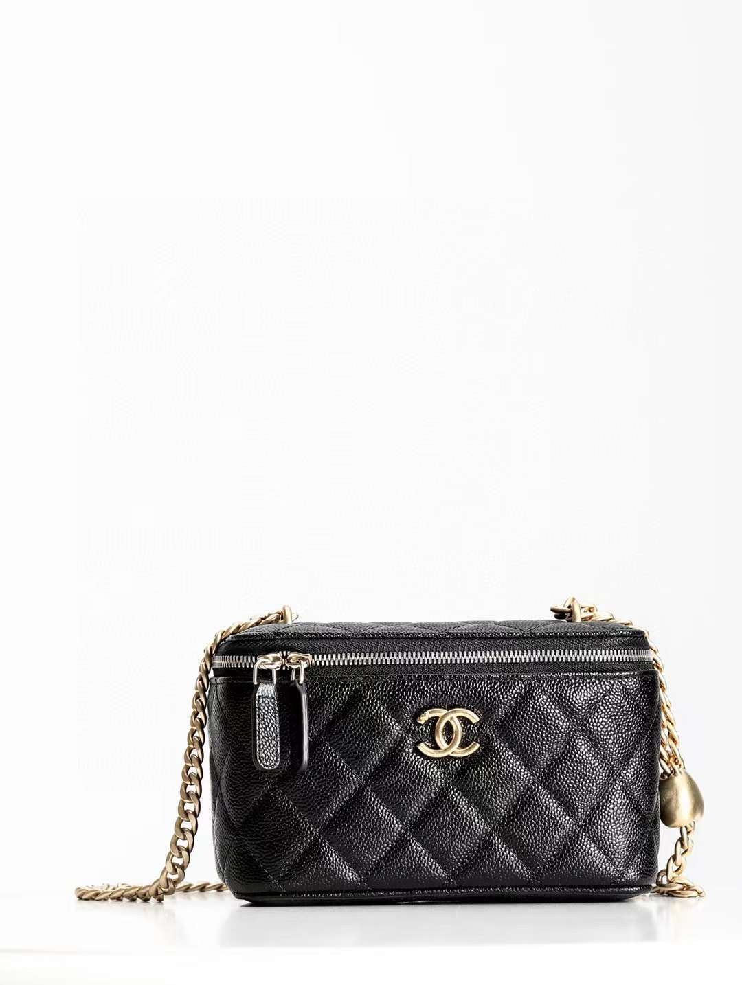 CHANEL 23 愛心長盒子化妝包 黑色球紋