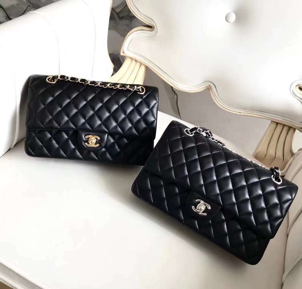 CHANEL CF 經典黑 銀釦/金釦 羊皮口蓋包 25CM