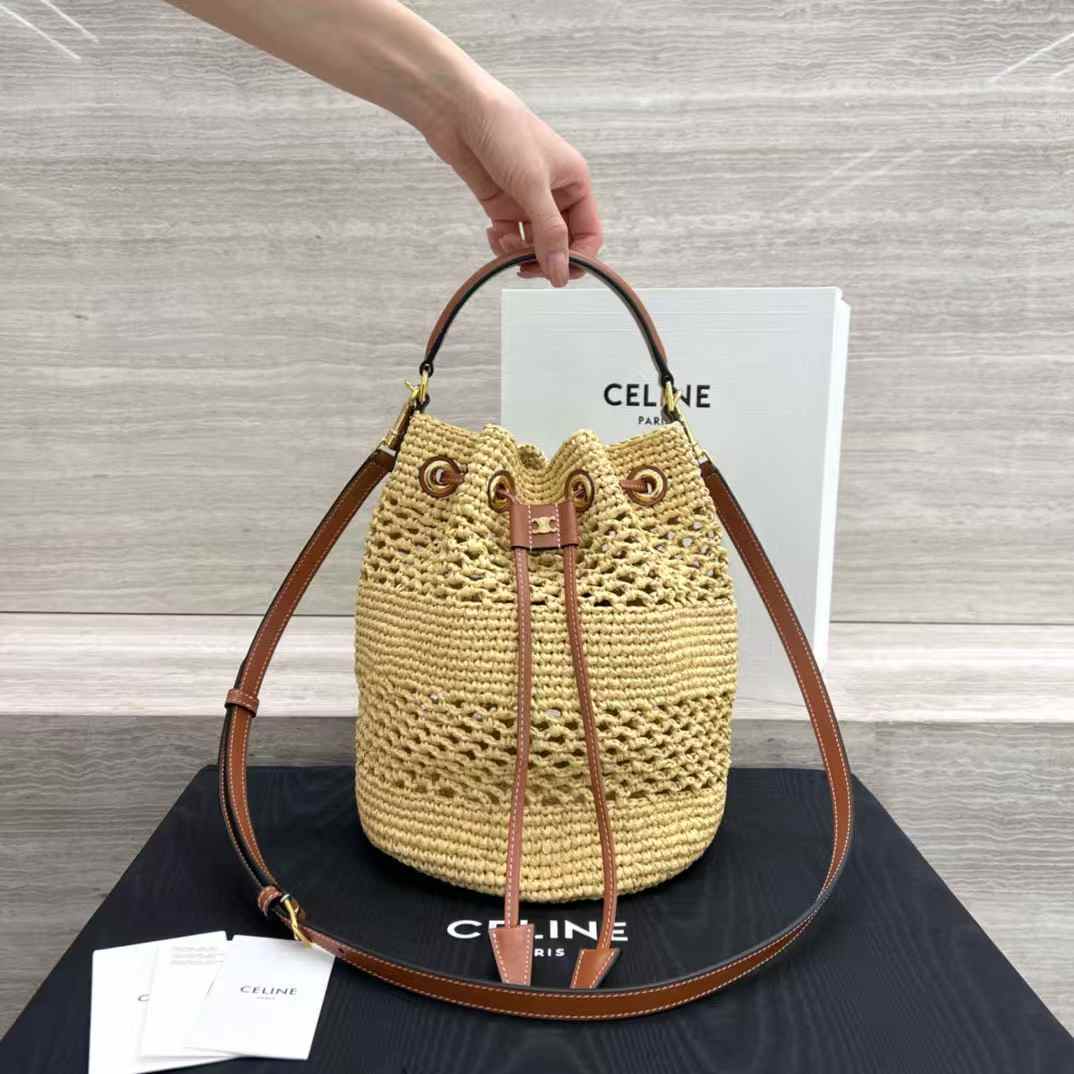 CELINE CLARA草編牛皮革經典提籃包