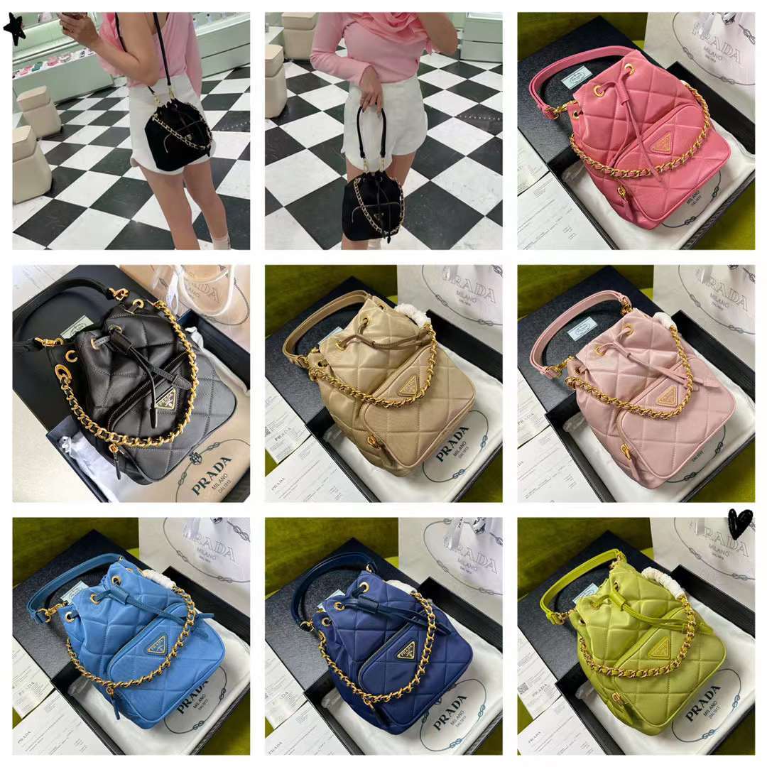 PRADA 中古黑金鍊條間麵線尼龍水桶包1BH038