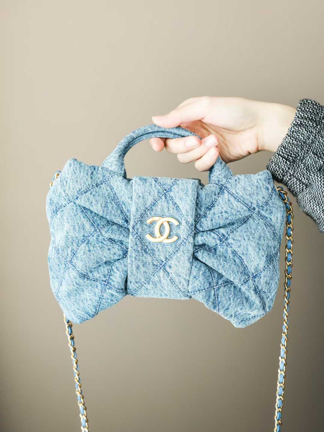 CHANEL 25K 蝴蝶結牛仔藍 手袋 mini