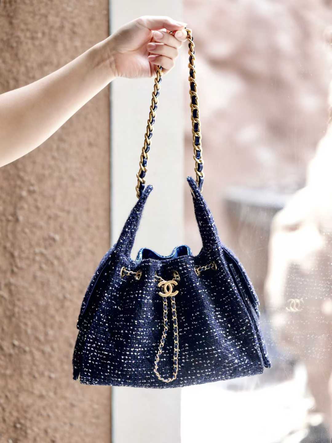 Chanel 25C hobo 抽繩水桶包 寶藍毛呢