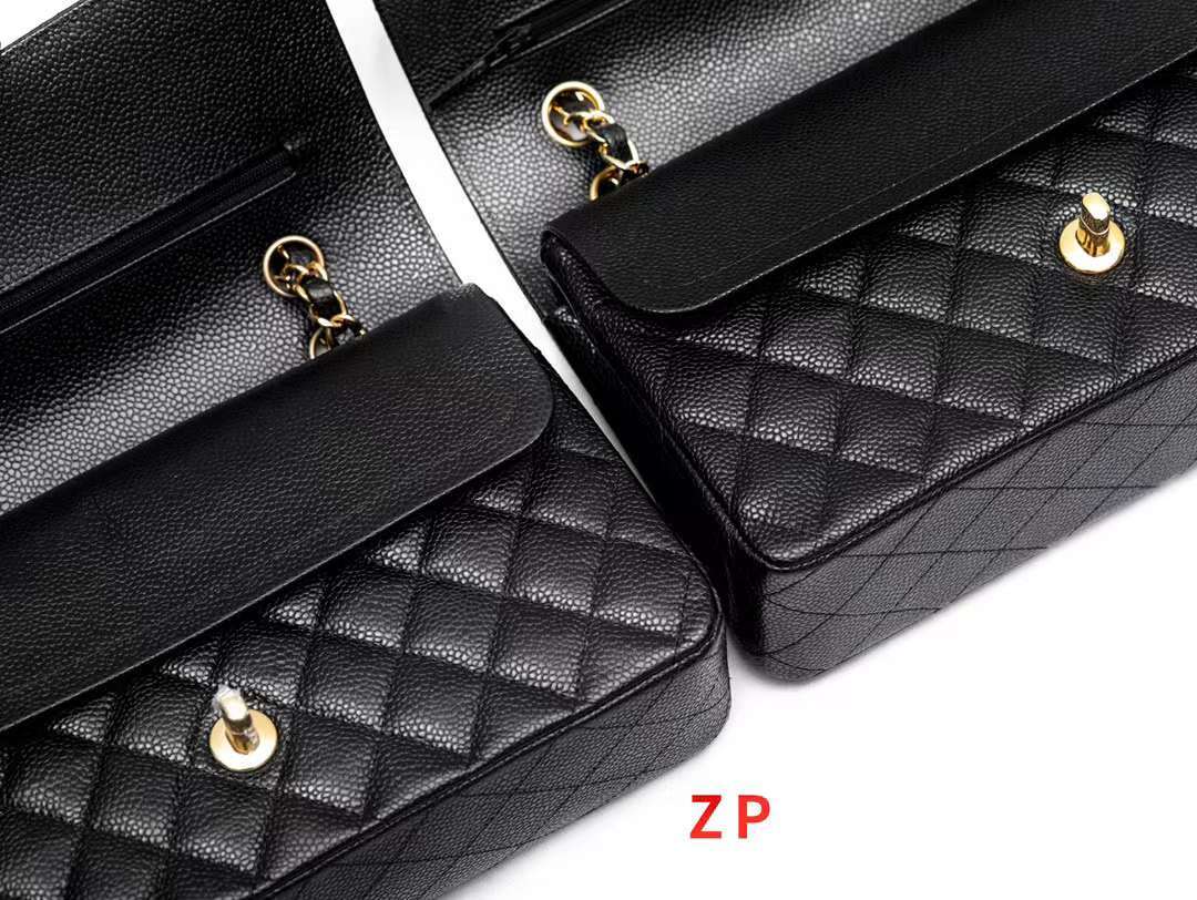 CHANEL CF 經典黑 銀釦/金釦 魚子醬口蓋包 25CM