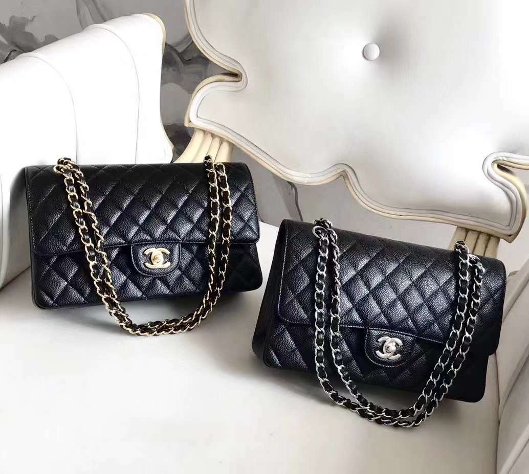 CHANEL CF 經典黑 銀釦/金釦 魚子醬口蓋包 25CM