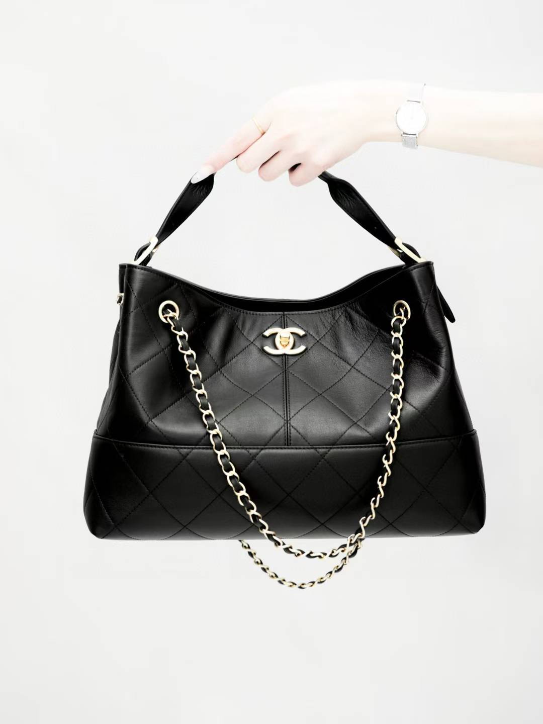 CHANEL 25A 黑金全皮購物袋 托特包 小號