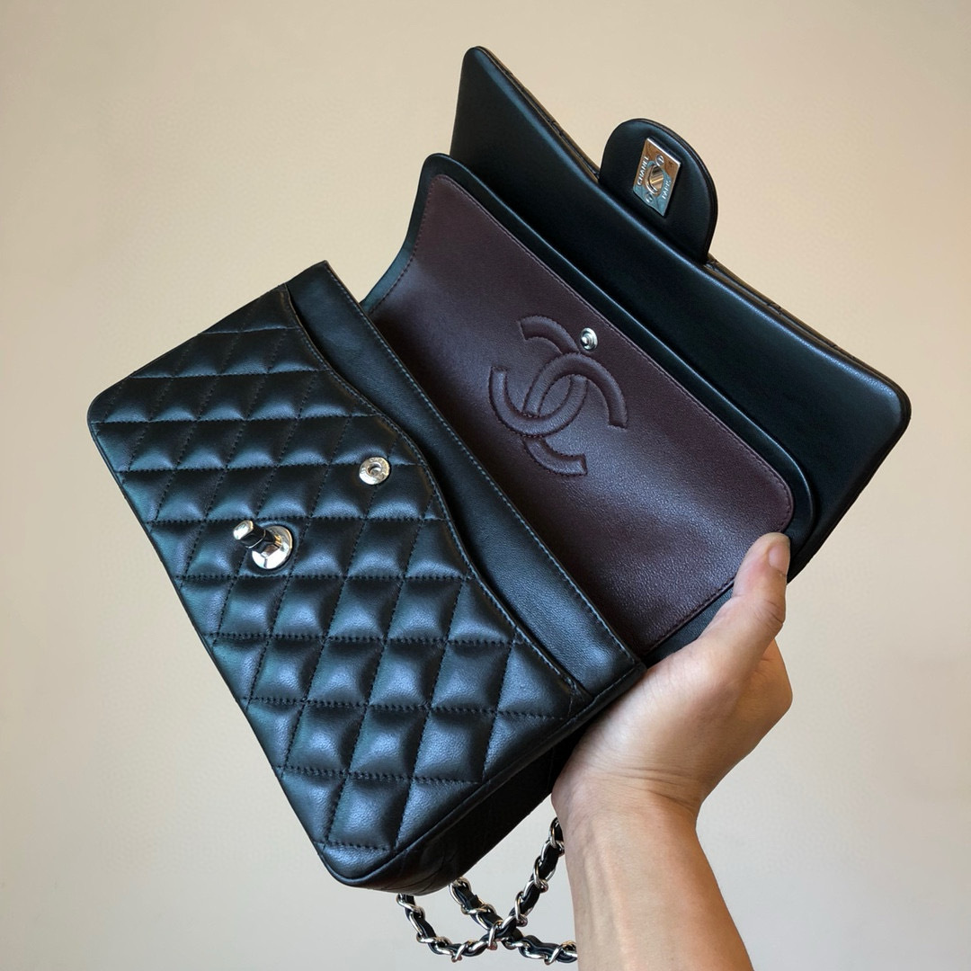 CHANEL CF 經典黑 銀釦/金釦 羊皮口蓋包 25CM