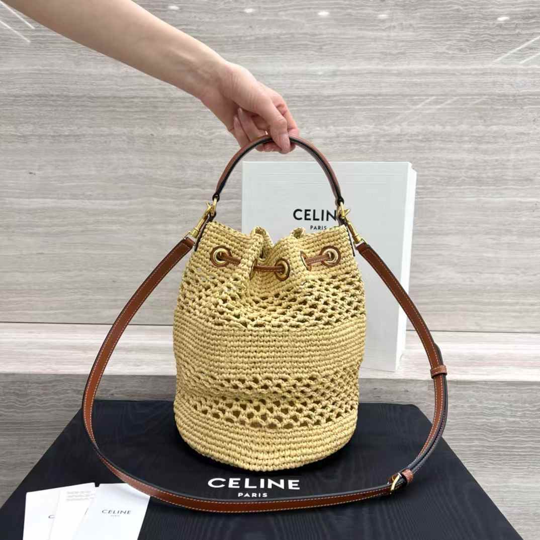 CELINE CLARA草編牛皮革經典提籃包
