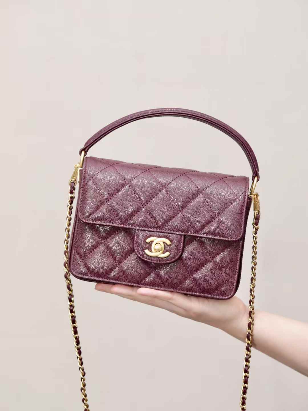 CHANEL 24K 手把口蓋包 酒紅