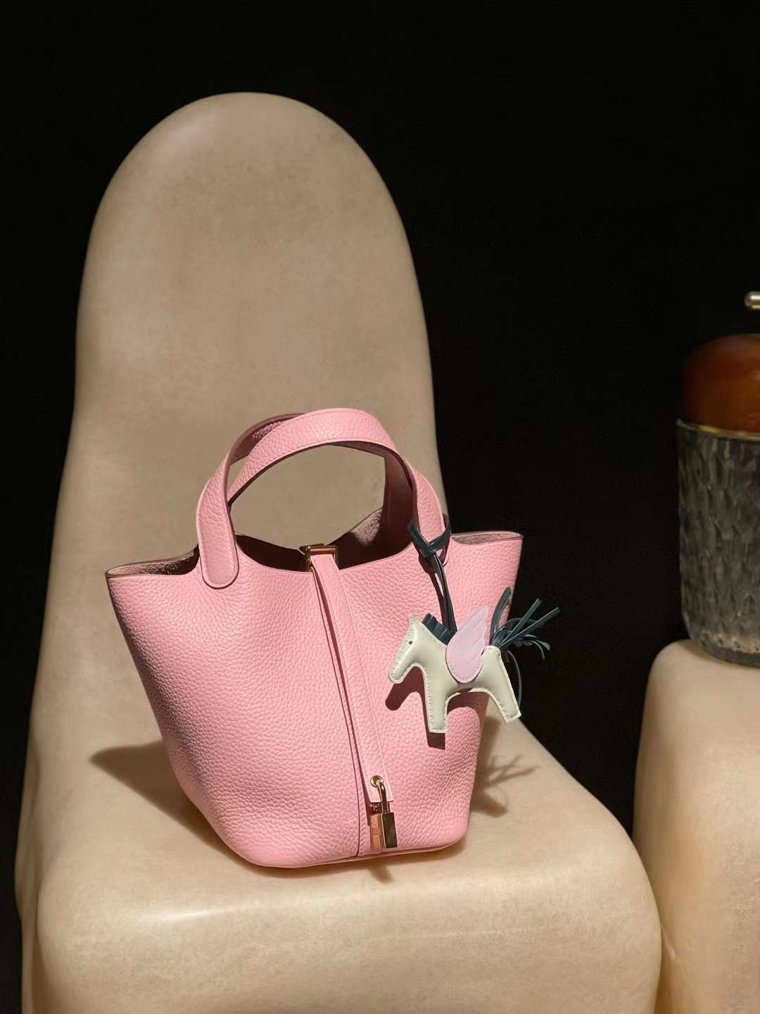 HERMES PICOTIN CLEMENCE皮 3Q 櫻花粉 金釦 菜籃子 18CM