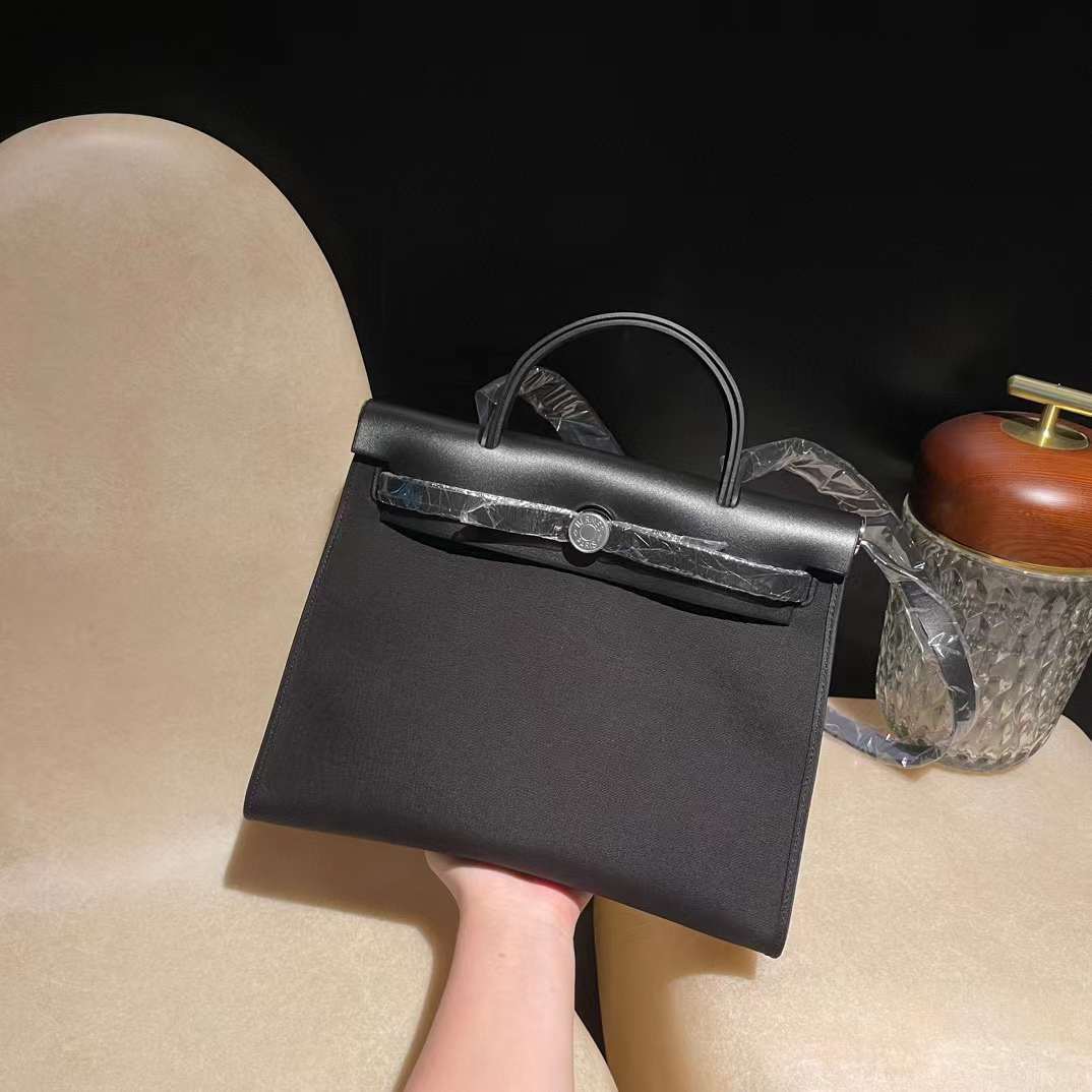 HERMES 31HERBAG 外縫線 兩用手提肩背包 89黑色帆布拼牛皮 銀扣