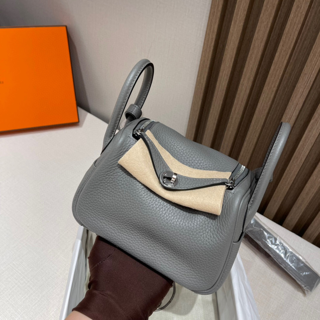 HERMES MINI LINDY CLEMENCE皮 0L積雲雨灰銀釦 轉釦手提/肩背兩用包