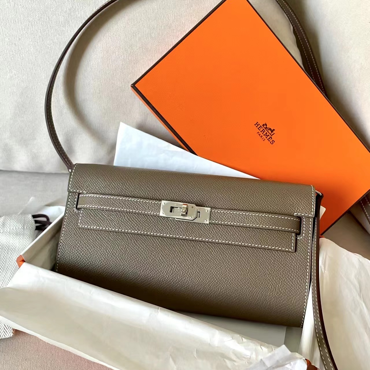 HERMES KELLY TO GO EPSOM皮 18 大象灰 金釦