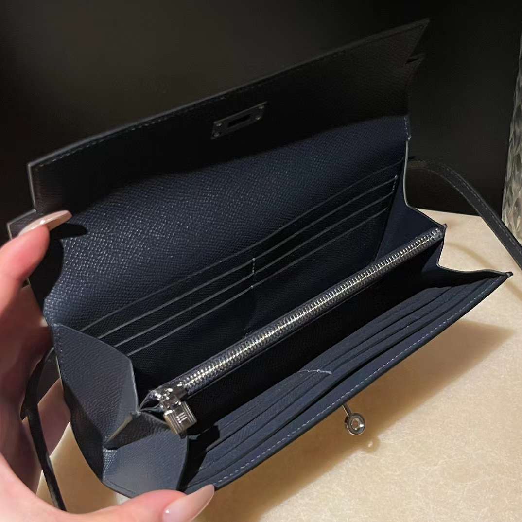 HERMES KELLY EPSOM皮 2Z 午夜藍 銀扣 長夾/手拿包