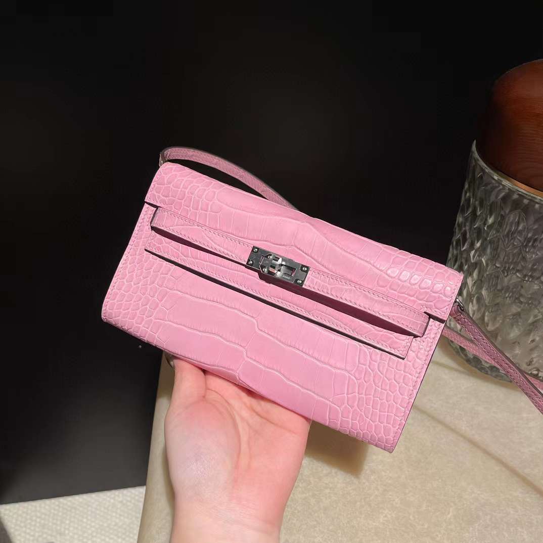 HERMES KELLY TO GO 霧面美洲鱷魚 5P櫻花粉內拼7N糖果藍 銀扣