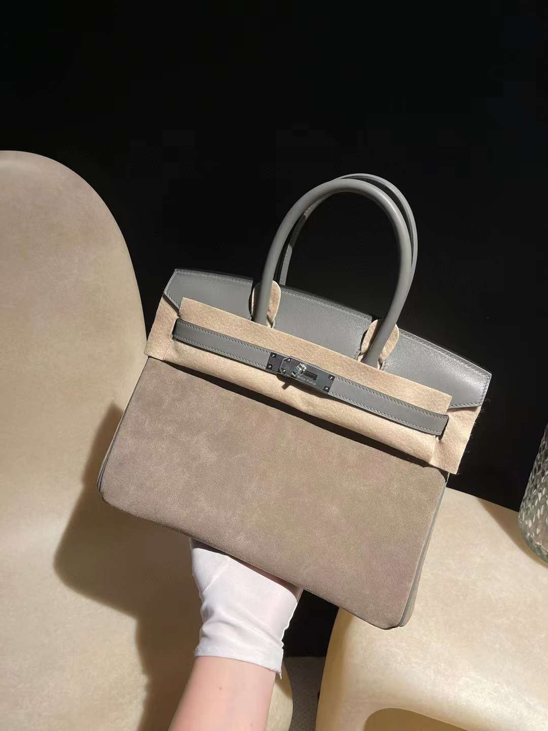 HERMES BIRKIN 30CM 麂皮大象灰拼雨雲灰 銀扣