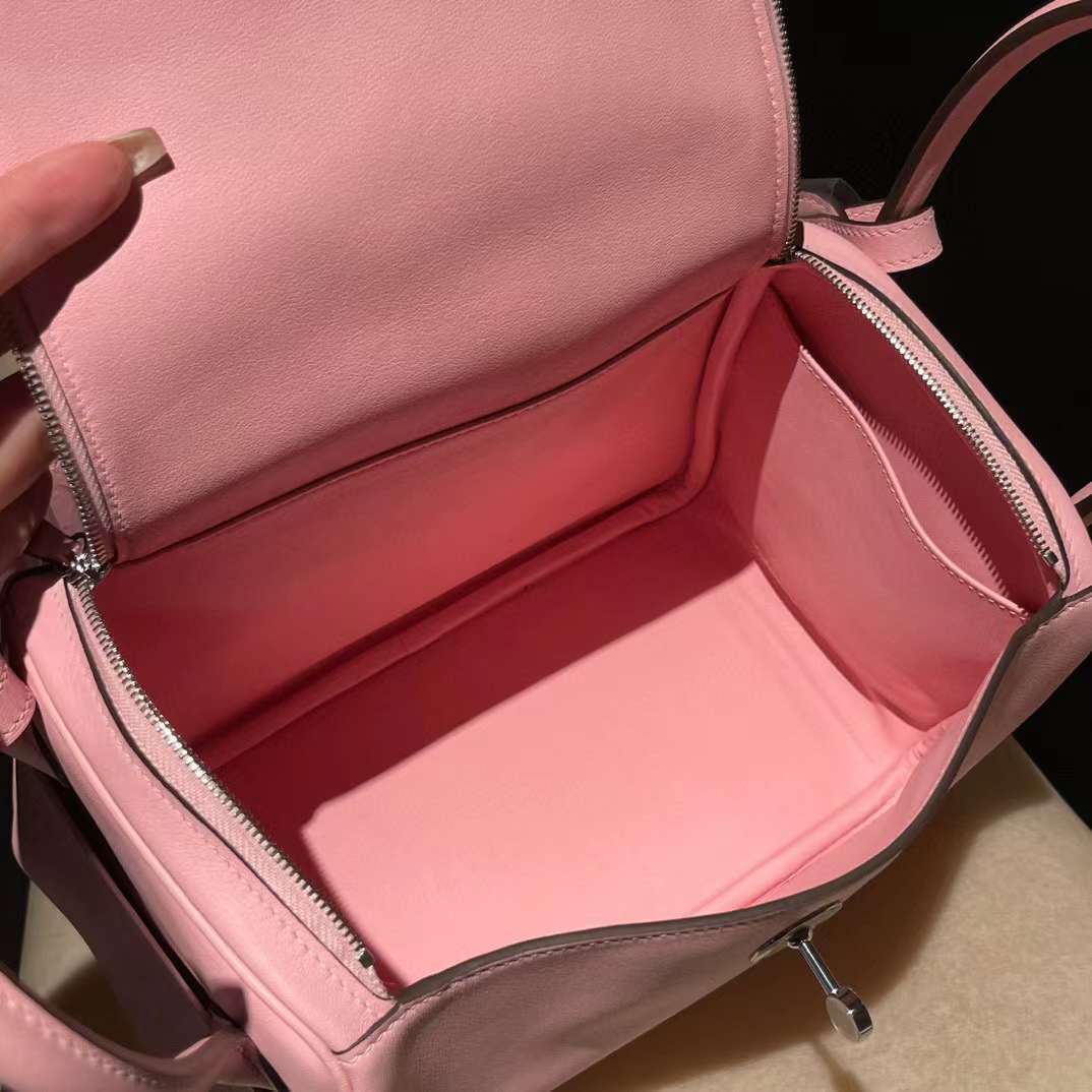 HERMES LINDY SWIFT皮 3Q 櫻花粉 銀扣轉釦手提/肩背兩用包 26CM