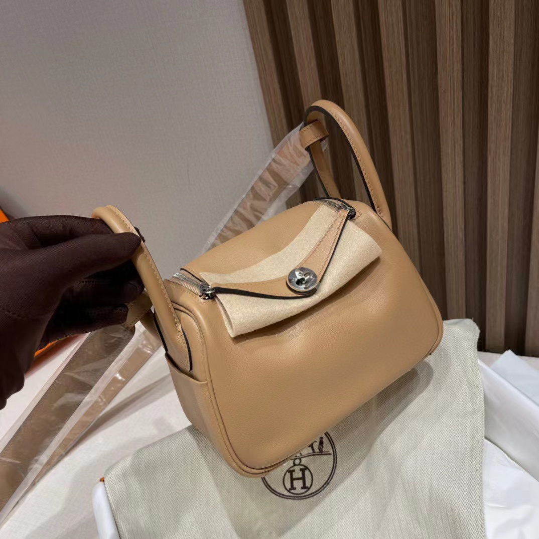 HERMES LINDY SWIFT皮 0M瑪莎拉茶色轉釦手提/肩背兩用包