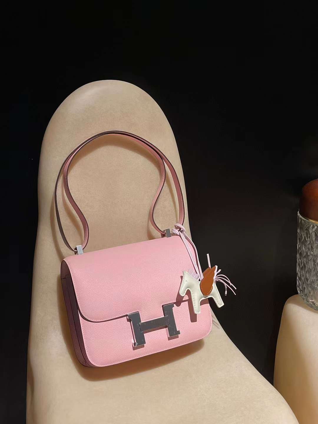 HERMES CONSTANCE EPSOM皮 3Q櫻花粉銀釦康康包 24CM