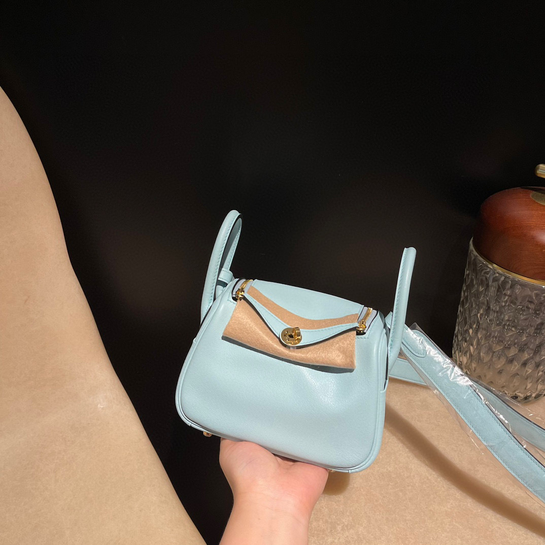 HERMES MINI LINDY SWIFT皮 U2微風藍金釦 轉釦手提/肩背兩用包