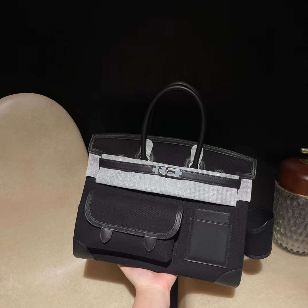 HERMES CARGO BIRKIN 35CM 帆布款 89黑色 銀釦 鉑金包