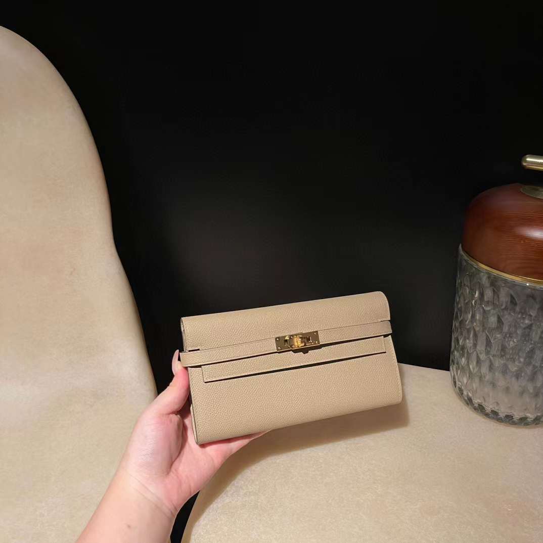 HERMES KELLY EPSOM皮 S2 風衣灰 金扣 長夾/手拿包