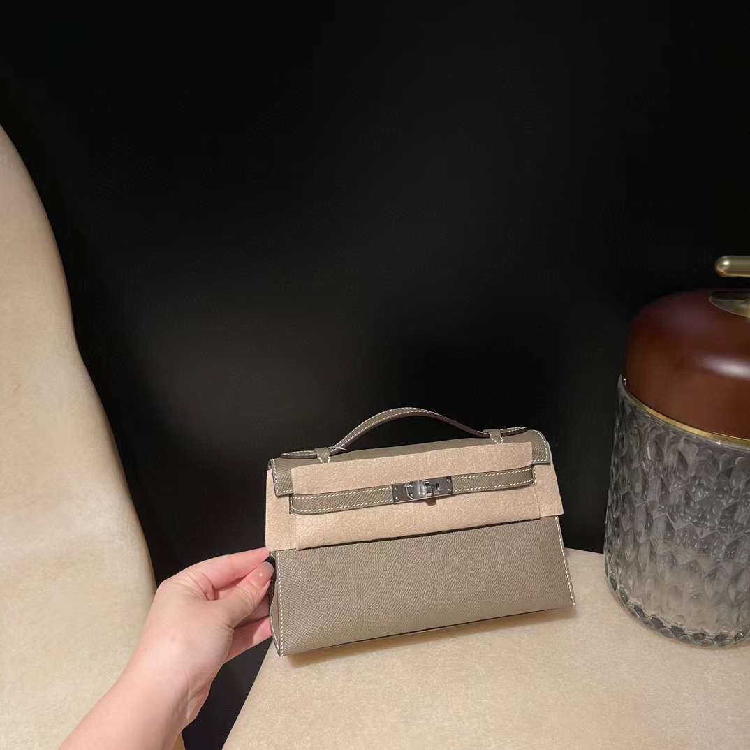 HERMES MINI KELLY POCHETT 一代手拿包 EPSOM皮 18 大象灰 銀扣