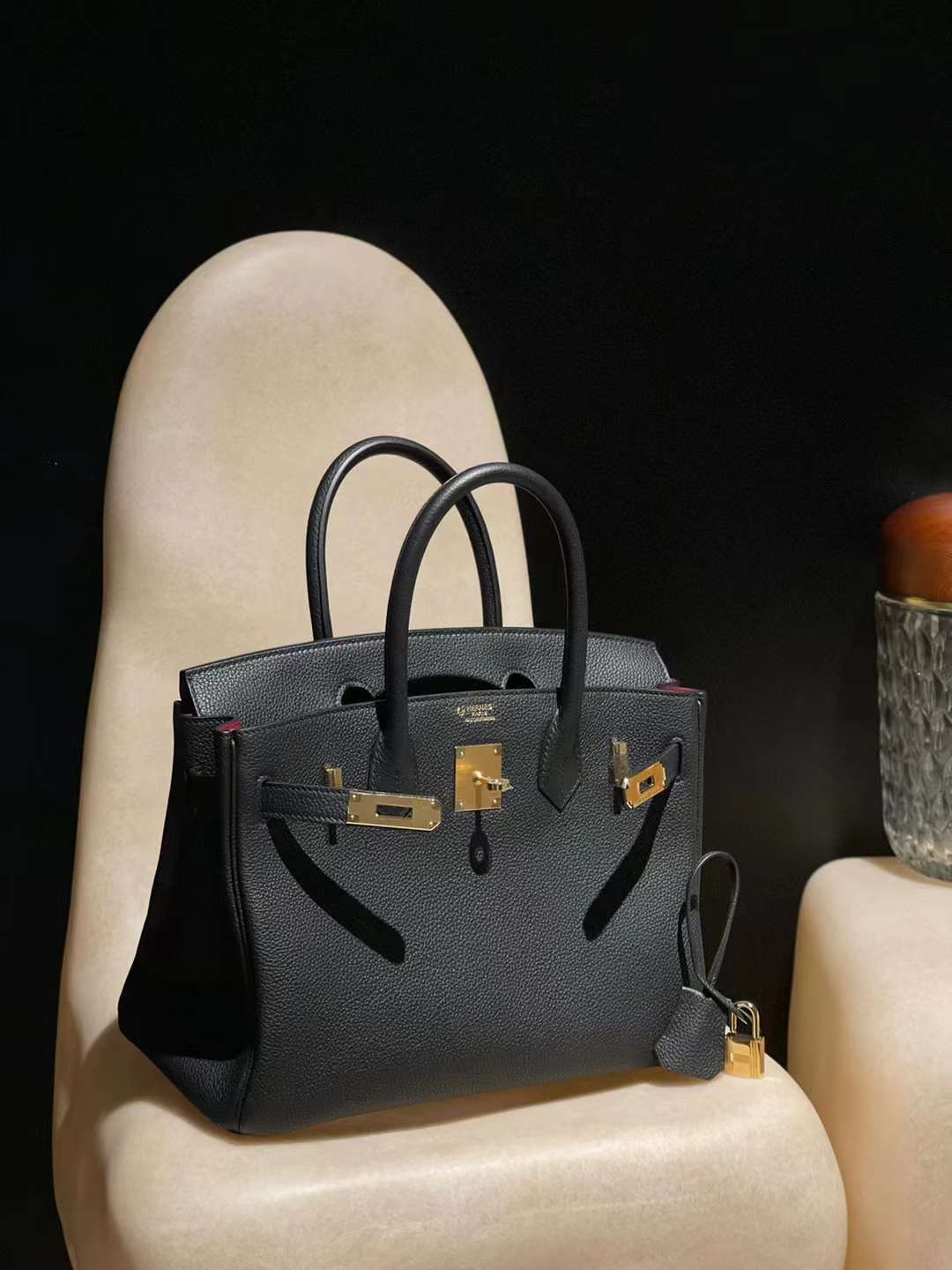 HERMES BIRKIN 30CM 法國TOGO小牛皮 黑色內拼55紅 金扣 柏金包