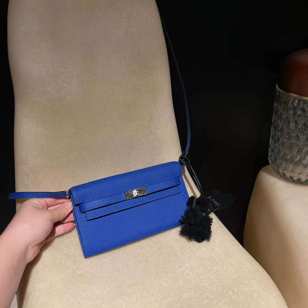 HERMES KELLY TO GO EPSOM皮 I7 琉璃藍 銀扣