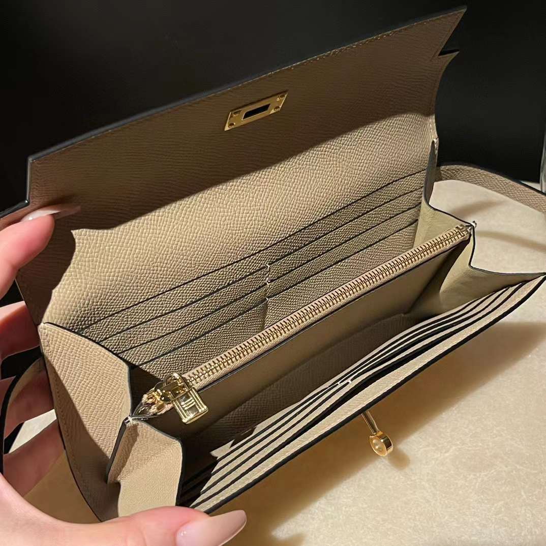 HERMES KELLY EPSOM皮 S2 風衣灰 金扣 長夾/手拿包