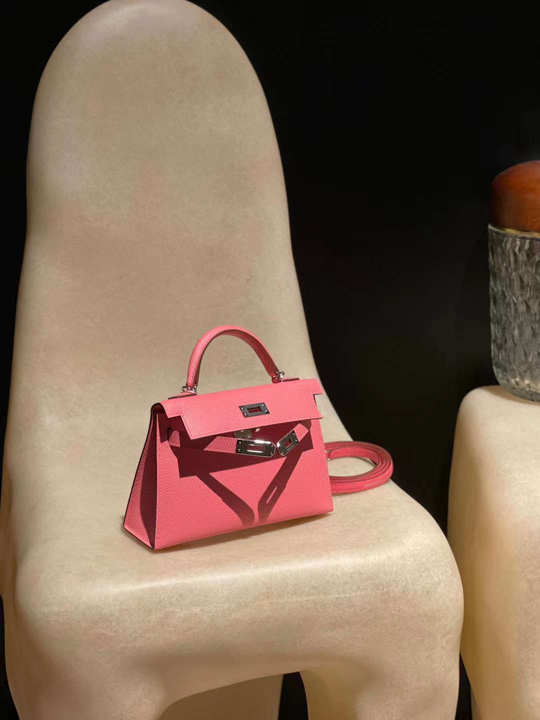 HERMES MINI KELLY 二代EPSOM皮 1Q奶昔粉 銀釦
