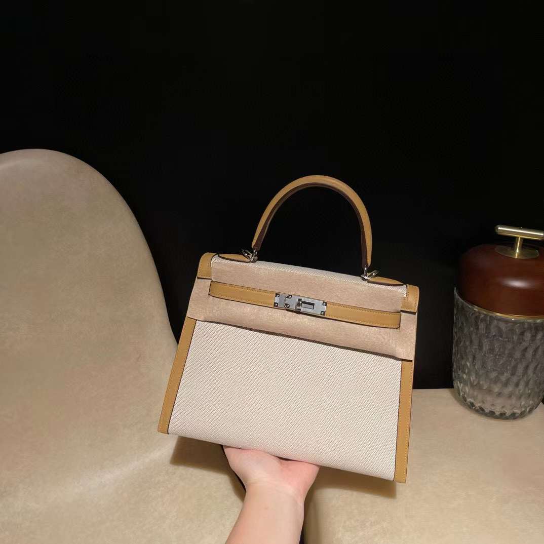 HERMES KELLY SWIFT皮4B餅乾色拼帆布 銀釦 25/28
