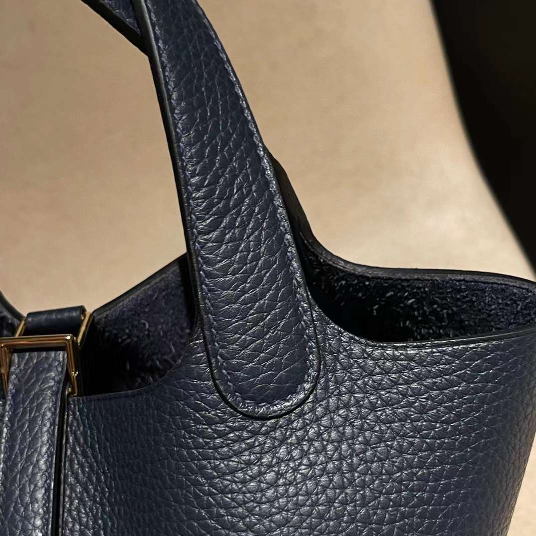HERMES PICOTIN CLEMENCE皮 2Z午夜藍 金扣 菜籃子 18CM