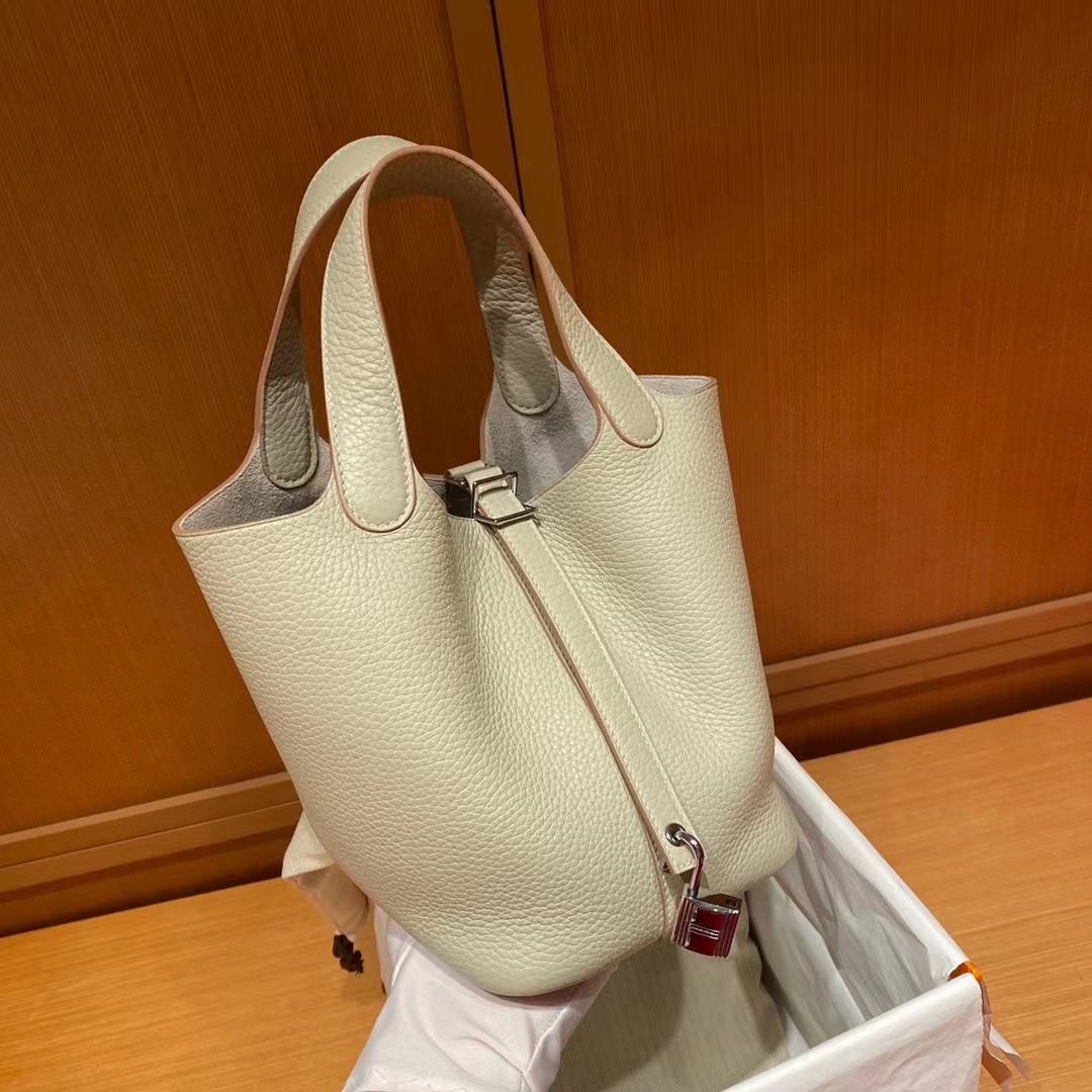 HERMES PICOTIN CLEMENCE皮 珍珠灰 銀扣 菜籃子 18/22cm