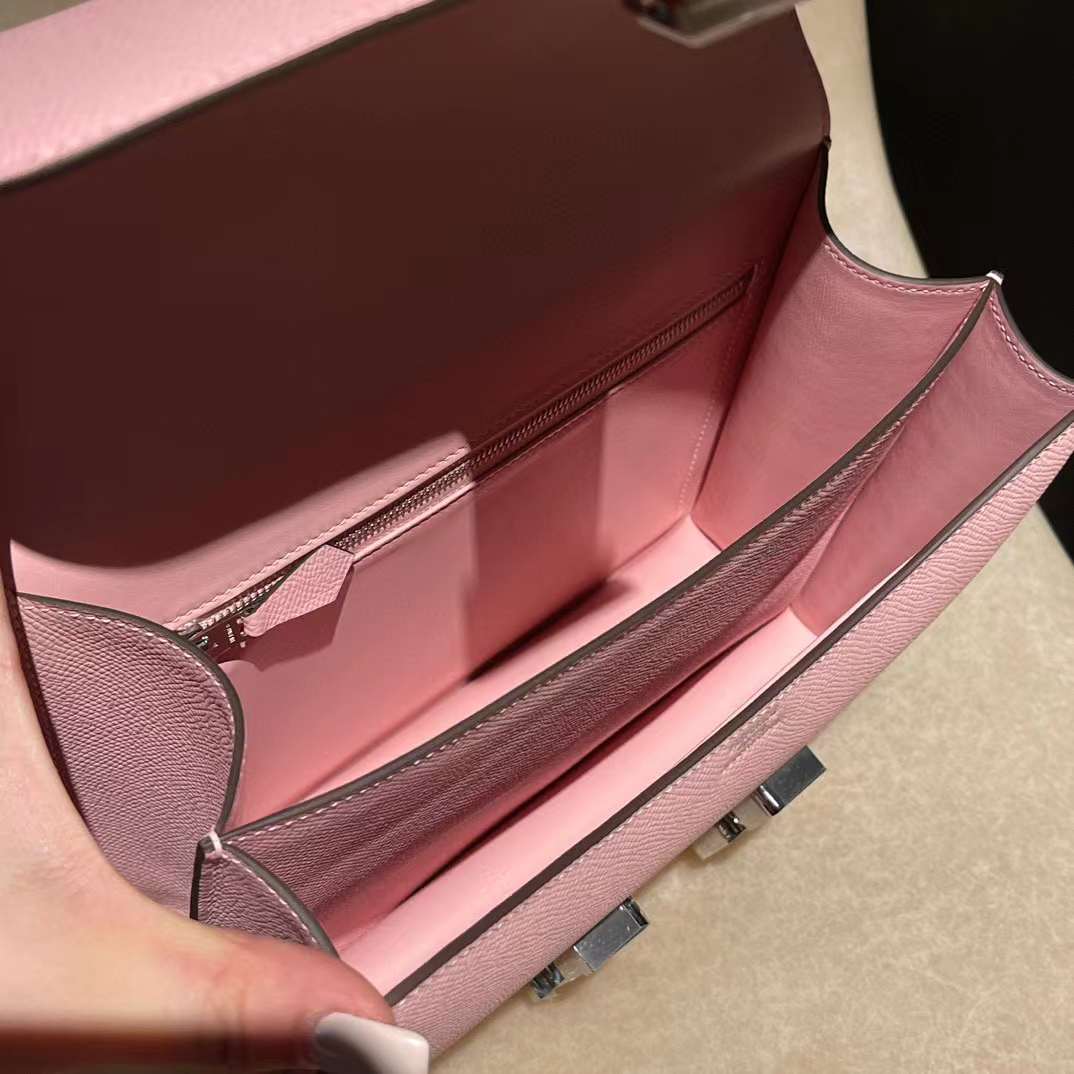HERMES CONSTANCE EPSOM皮 3Q櫻花粉銀釦康康包 24CM