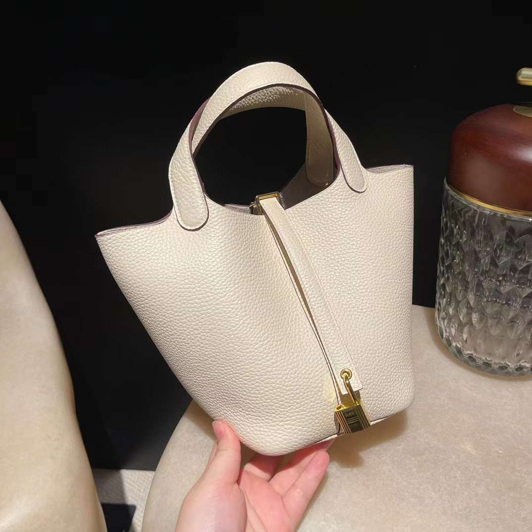 HERMES PICOTIN CLEMENCE皮10奶昔白 金扣 菜籃子 18/22cm